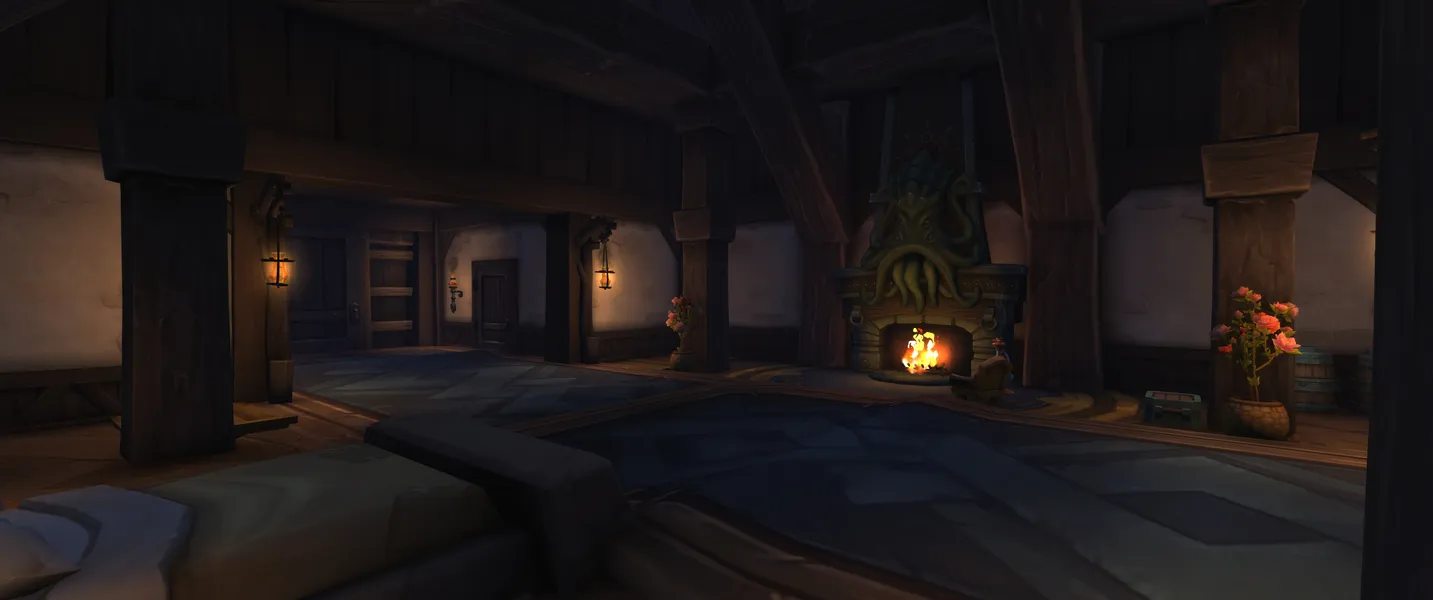 The bed and the fireplace